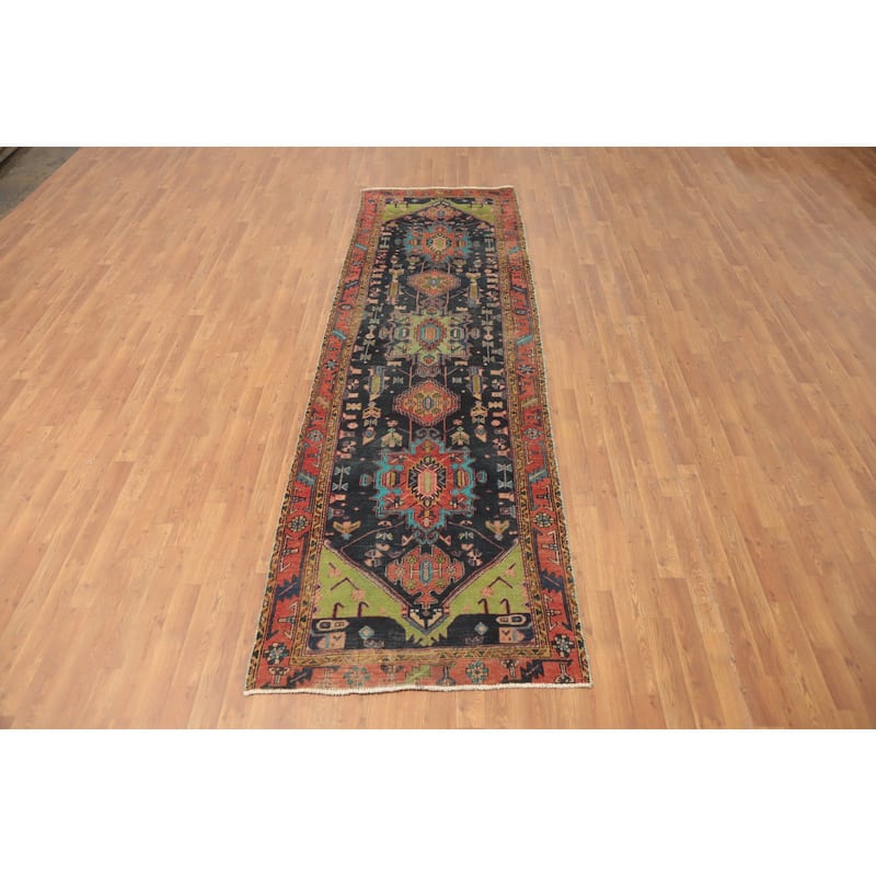 Hand Knotted Oriental 100% Wool Carpet Traditional Geometric Navy Blue & Blues Tabriz Runner Rug - 10' 11'' X 3' 4''