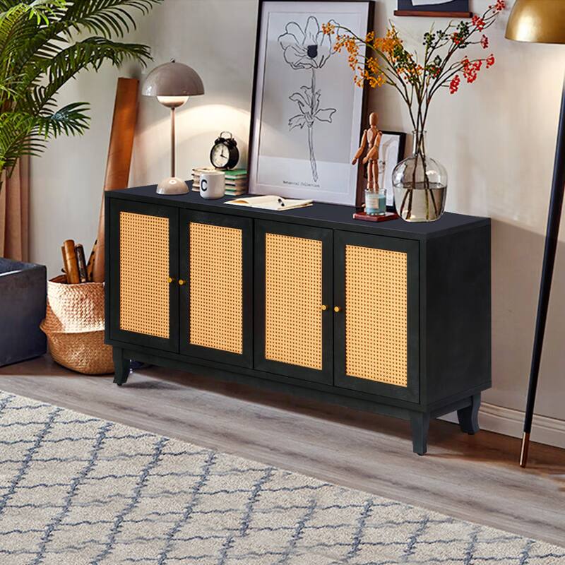 Rattan Sideboard Buffer Cabinet, Accent Storage Cabinet With 4 Rattan Doors, Modern Storage Cupboard Console Table