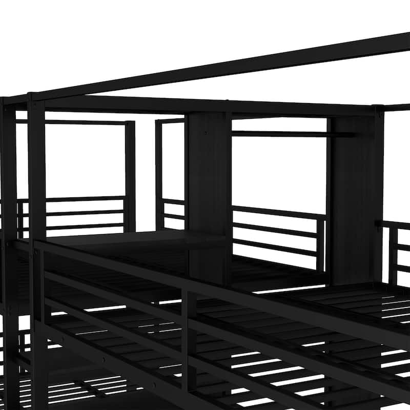 Queen Size Quadruple Metal Bunk Bed with Built-in Storage Shelves & Wardrobe, Sturdy Frame, Black