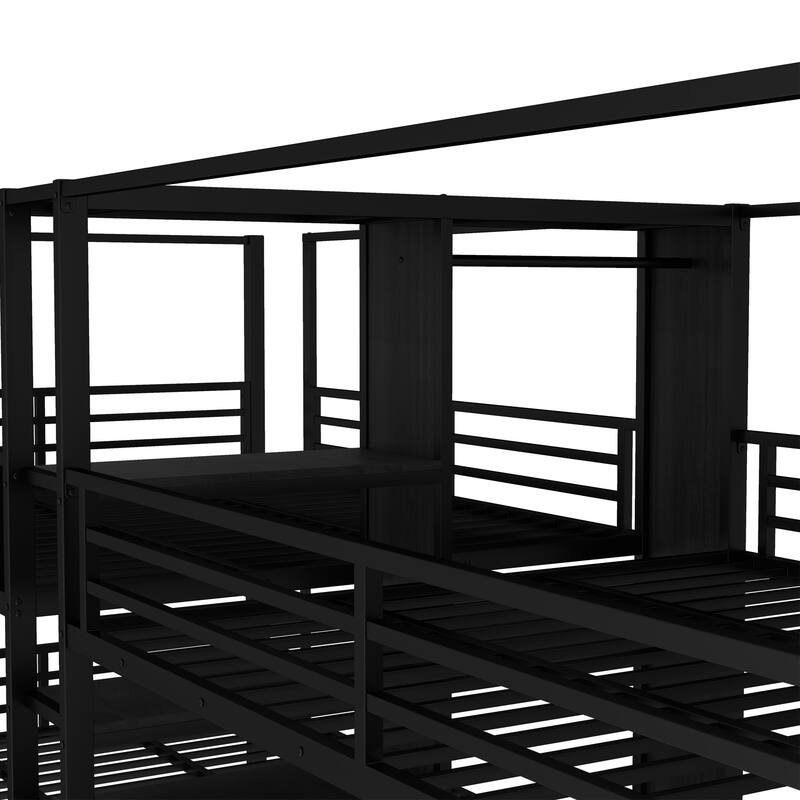 Queen Size Quadruple Metal Bunk Bed with Storage Shelves Wardrobe Noise reduced Black