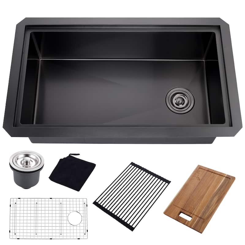 WOWOW Drop-In Single-Bowl Kitchen Sink in Modern - 32 X 19 inch - Matte Black
