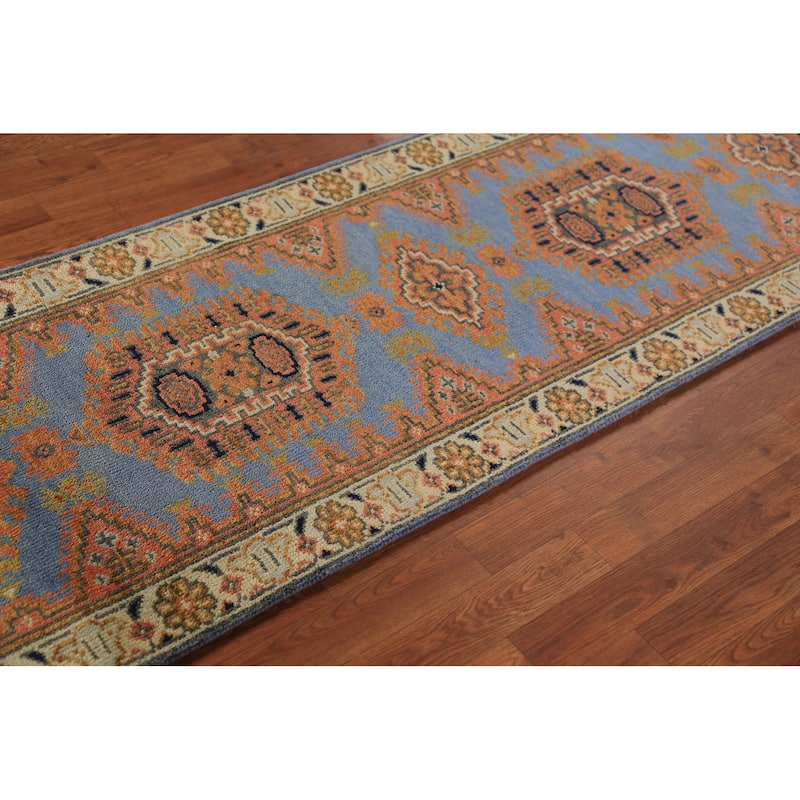 Blue Geometric Viss Indian Runner Rug Handmade Wool Carpet - 2'6"x 7'11"