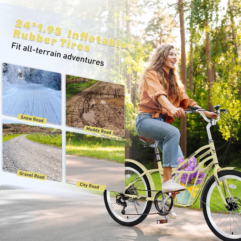 24 Inch Comfort Bike Urban Commuter Bicycles, 6 Speed Road Bicycles w/Dual Disc Brakes, Steel Frame for Teens, 16 Years and Up