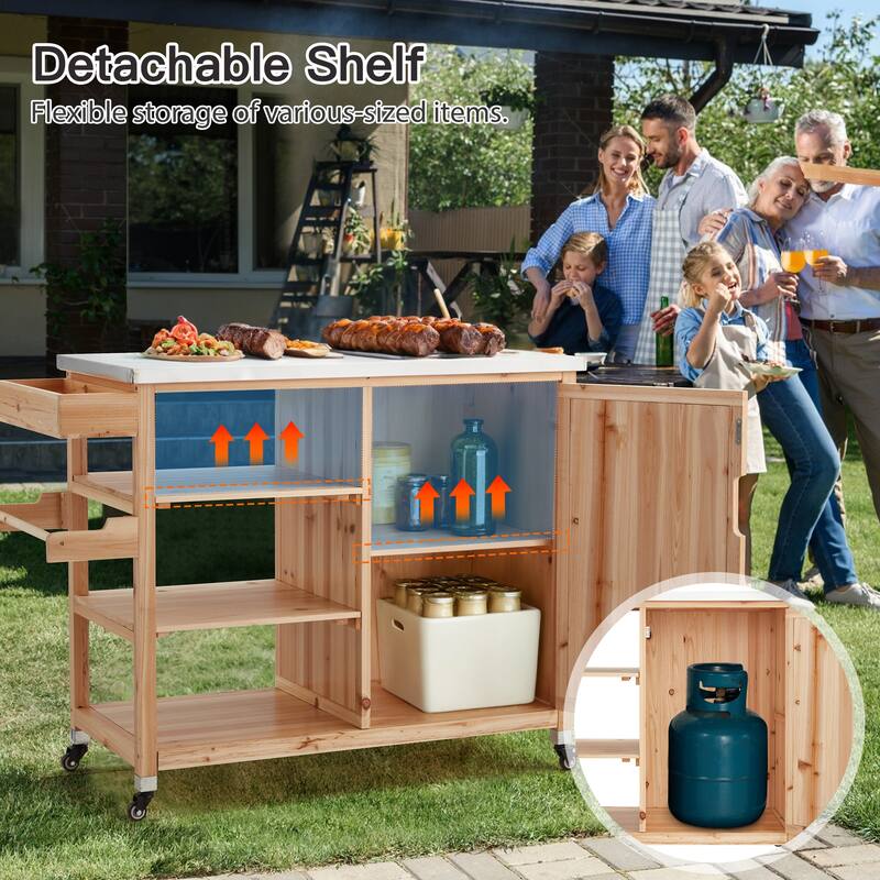 EROMMY Outdoor Kitchen Island on Wheels, Solid Cedar Wood Grill Cart with 201 Stainless Steel Top & 3‑Tier Storage - Wood Color