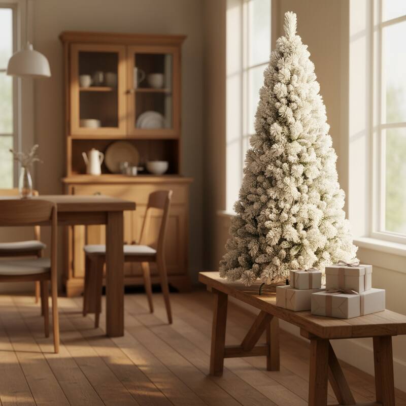 HomeRoots 9' Green And White Slender Flocked Pine Christmas Tree - 4 Foot