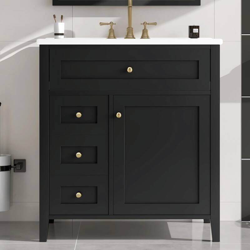 Bathroom Vanity with Sink, Modern MDF and Rubberwood Cabinet with 3 Drawers and Adjustable Shelf