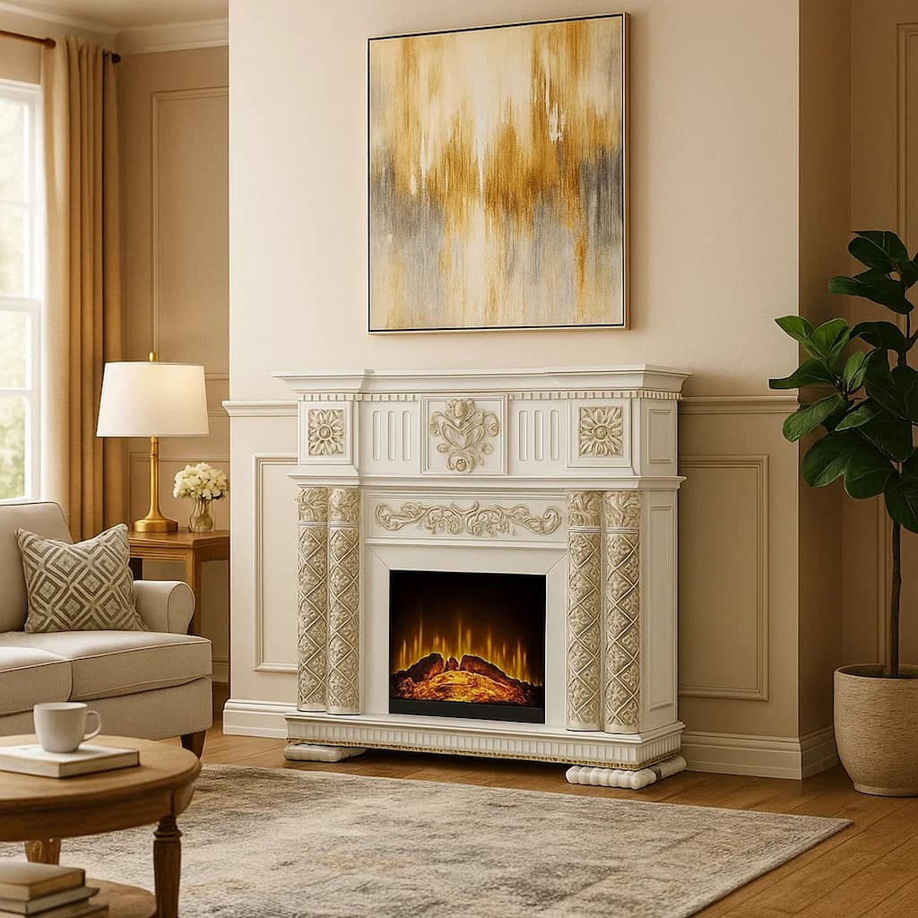 Jess 59 Inch Classical Electric Fireplace, Carved, Remote, Pearl White
