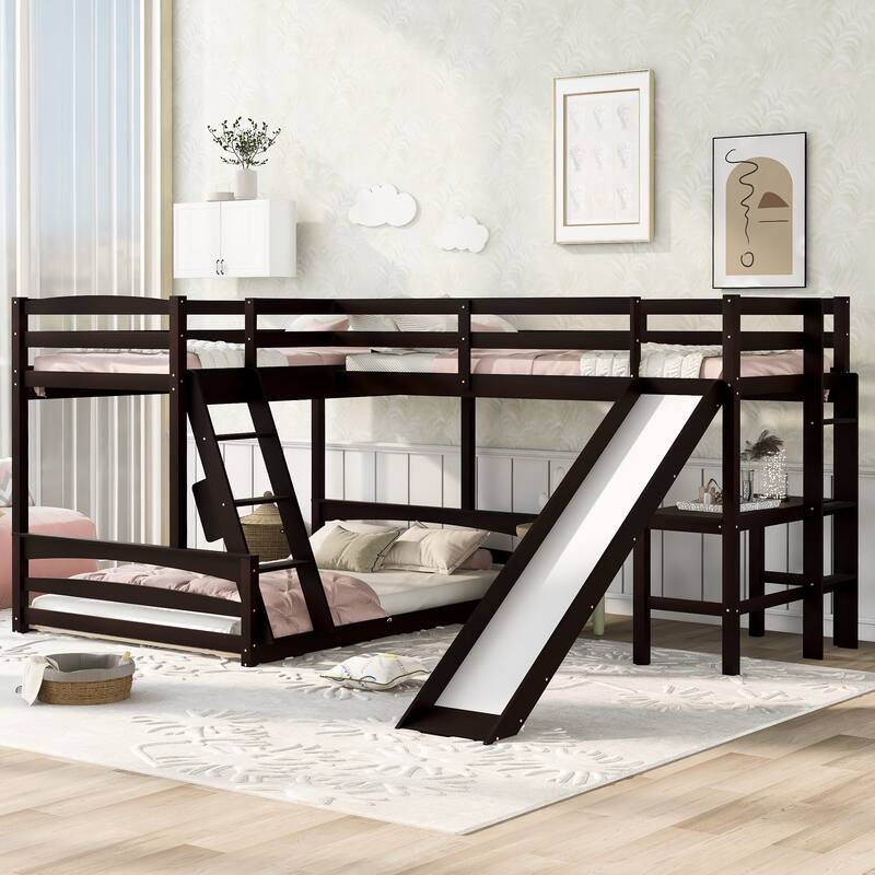 LShaped Triple Bunk Bed with Slide, Twin/Full Loft Bed with Desk Bed
