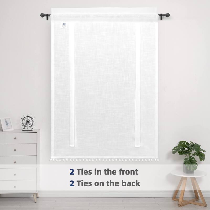 DriftAway Solid Color Linen Textured Slub Sheer with Pom Pom Trim Tie Up Adjustable Balloon Rod Pocket Window Curtains