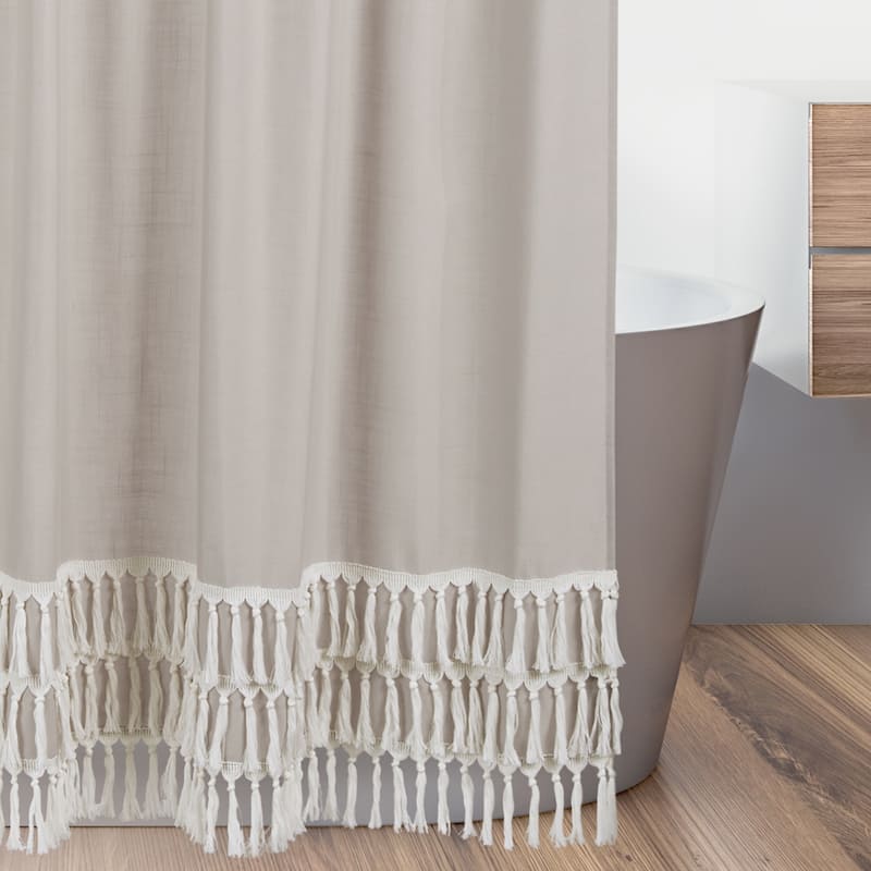 Boho Fringe Bathroom Fabric Bath Shower Curtain Beige Tan Taupe Linen for Bohemian Woodland Farmhouse Botanical Leaf Collection