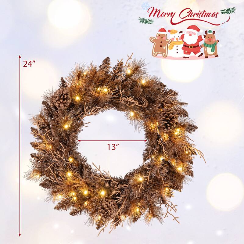 Costway 1/2 PCS 24" Pre-lit Christmas Wreath Front Door Artificial