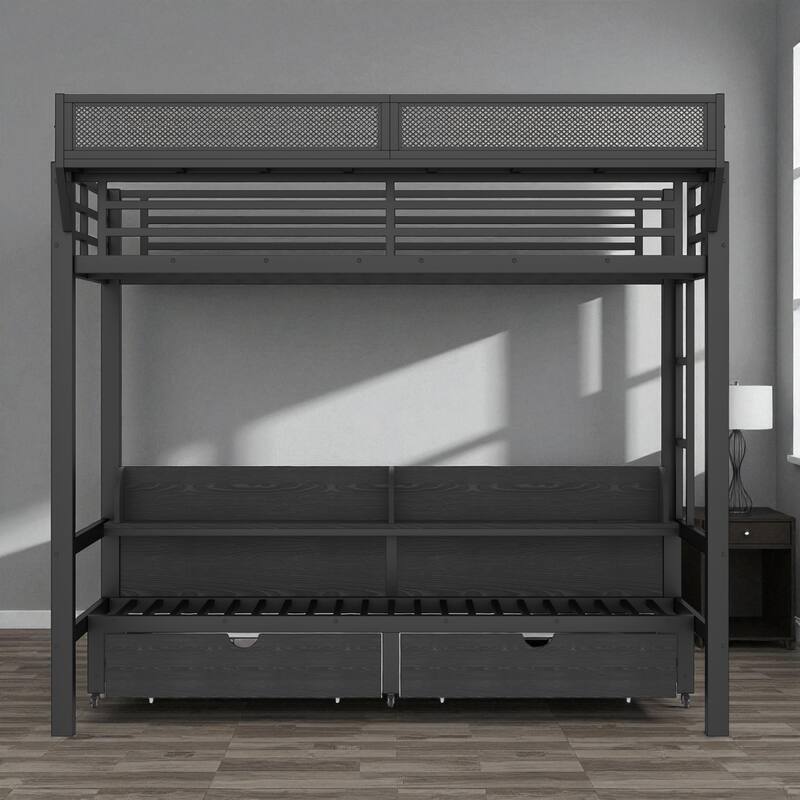 Queen over Queen/Twin XL over Twin XL Metal Bunk Bed with Storage Shelves, Drawers, USB Ports & LED Lights