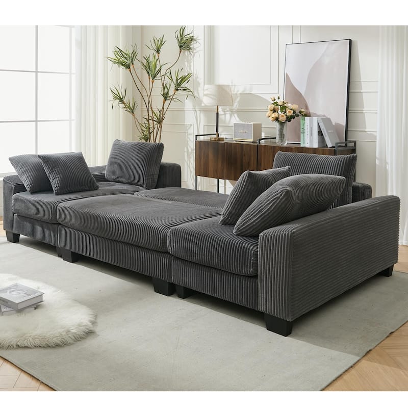 U Shaped Sofa Convertible Pull Out Sleeper Sofa Bed, 2 in 1 Recliner Sectional Couch, Corduroy Upholstery Daybed with Pillow