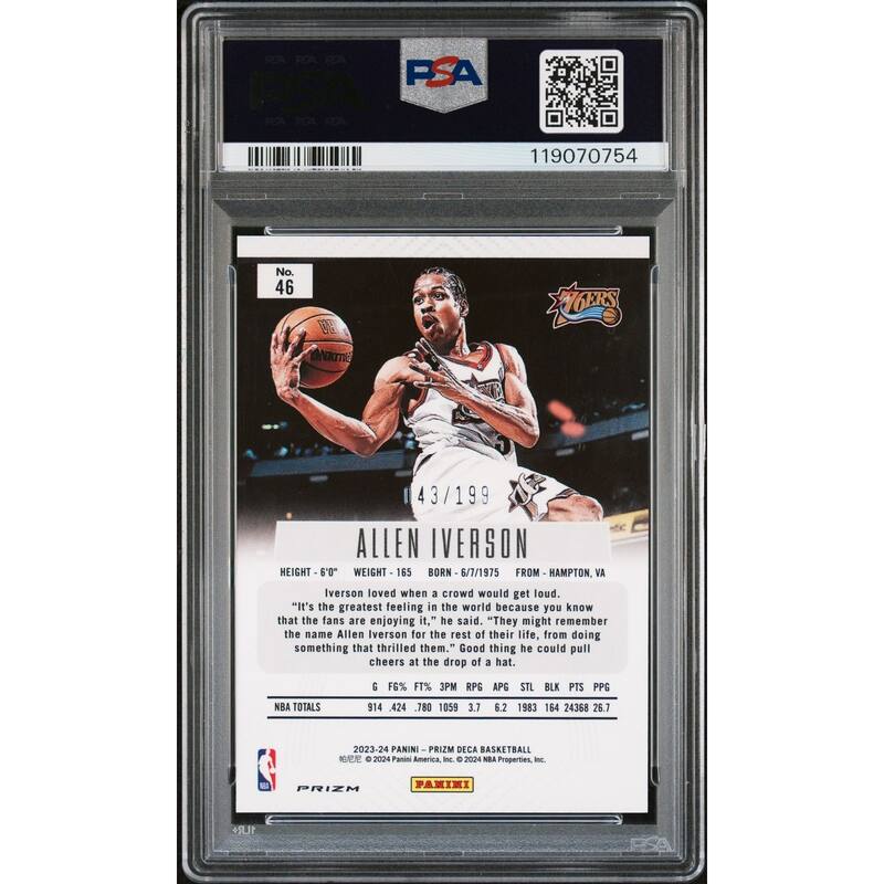 Allen Iverson 2023 Panini Prizm Deca Red Signed Basketball Card #46 Graded Authentic Auto PSA 143/199 Cert # 119070754