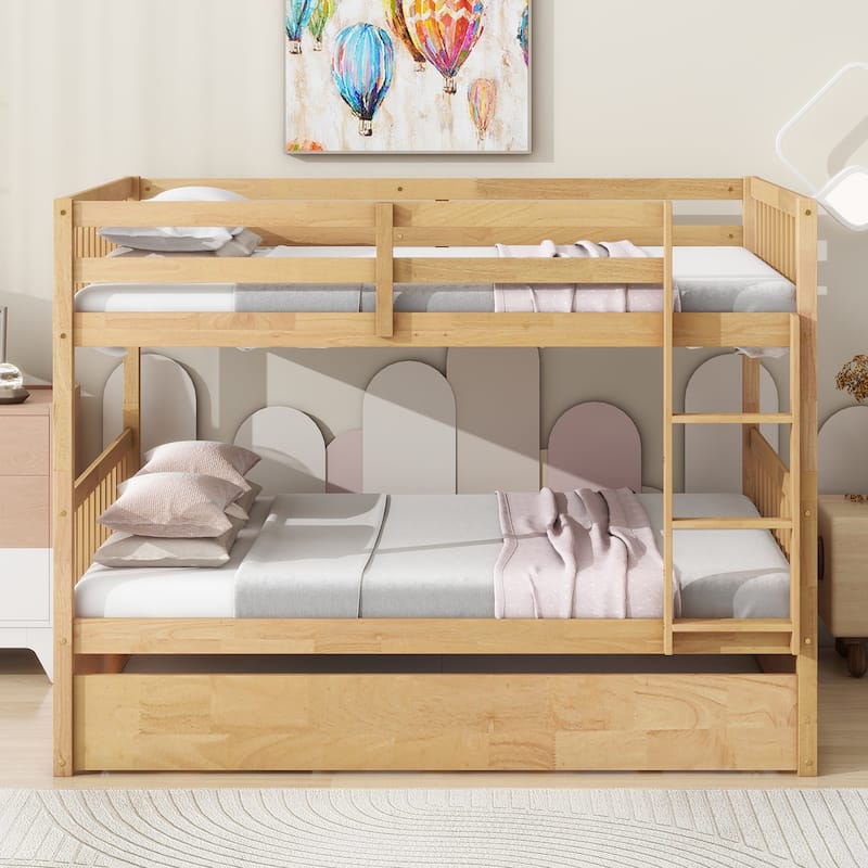 Full Over Full Rubber Wood Bunk Bed w/ Trundle, Ladder & Guardrails, Convertible to 2 Full Size Beds, White - Natural