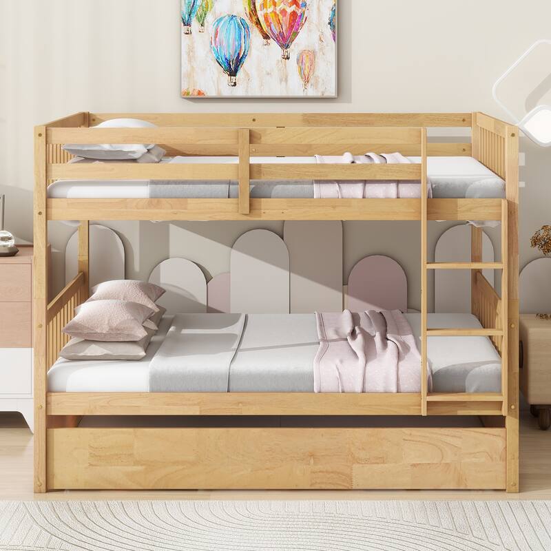 Roomfitters Full Over Full Rubber Wood Bunk Bed with Trundle, Convertible to Two Full Beds with Ladder and Guardrails - White Oak - Full