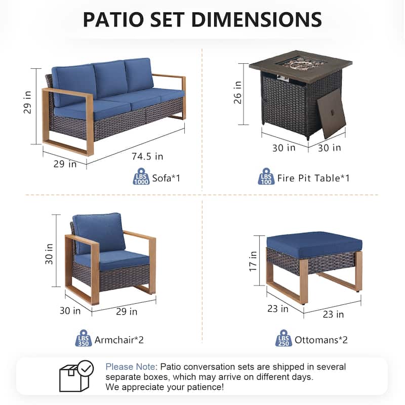 Pocassy Outdoor Fire Pit with 3-Seat Sofa Club Chairs Patio Furniture Set