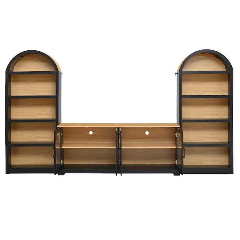 3-Piece TV Stand Set with Bookshelf for TVs Up to 70", Wood Grain Entertainment Center with Arched Design, Tempered Glass Doors