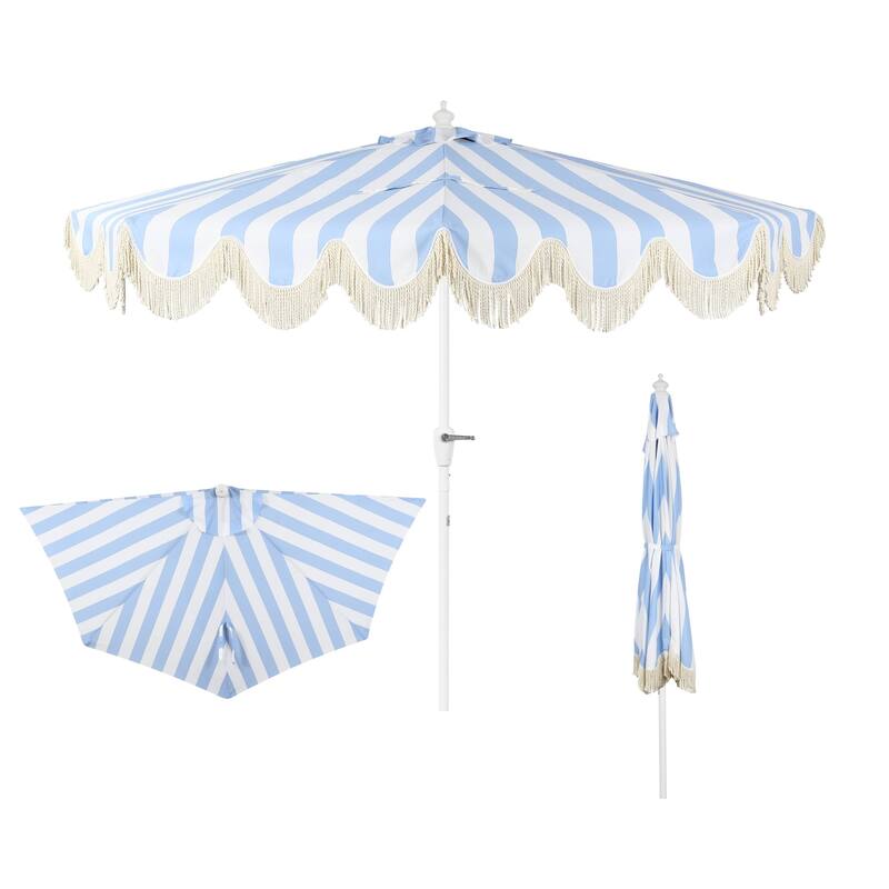 9ft Half Market Umbrella, Scalloped, Crank, Tilt, UV, by JONATHAN Y - Light Blue/White Pole