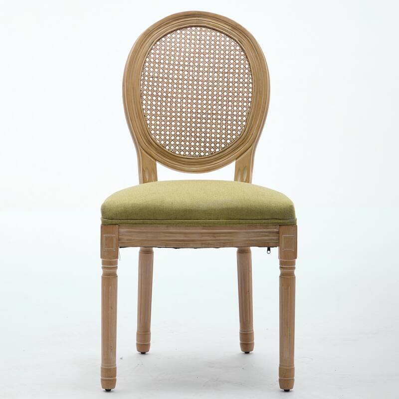2-Piece Set, French Linen Rattan Dining Chairs with Solid Wood Frame and Antique Finish, for Dining Rooms, Olive Green