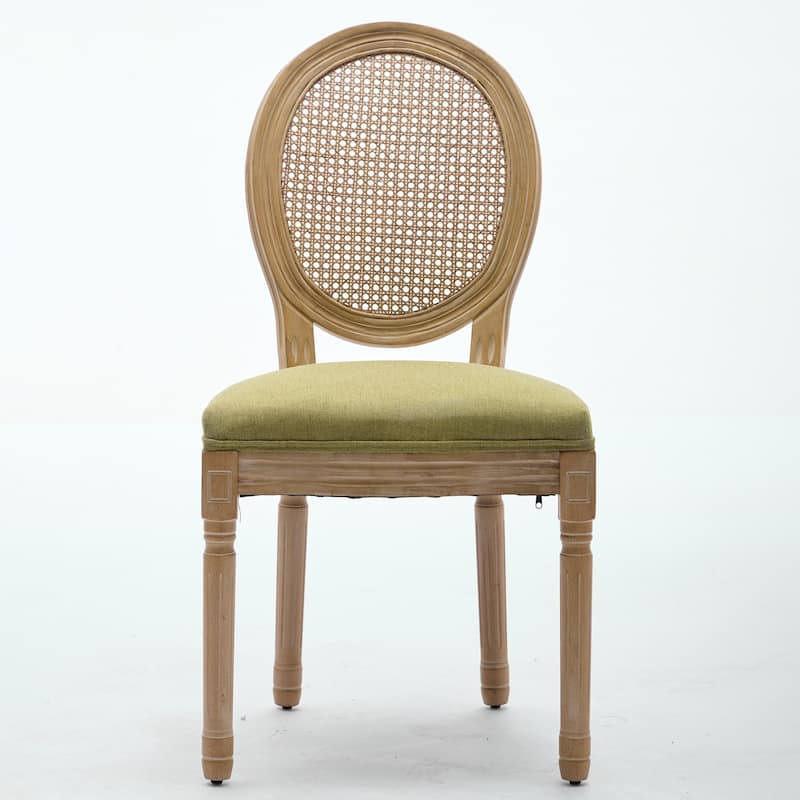 French Style 2-Piece Dining Chairs: Solid Wood Frame, Antique Painting, Linen Fabric, Rattan Back – Classic & Elegant Seating