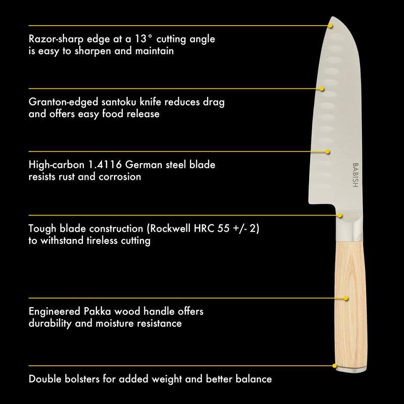 Babish High Carbon 1.4116 German Steel Full Tang 6.5-Inch Santoku Knife - for Chopping, Slicing, Dicing & Precision Prep