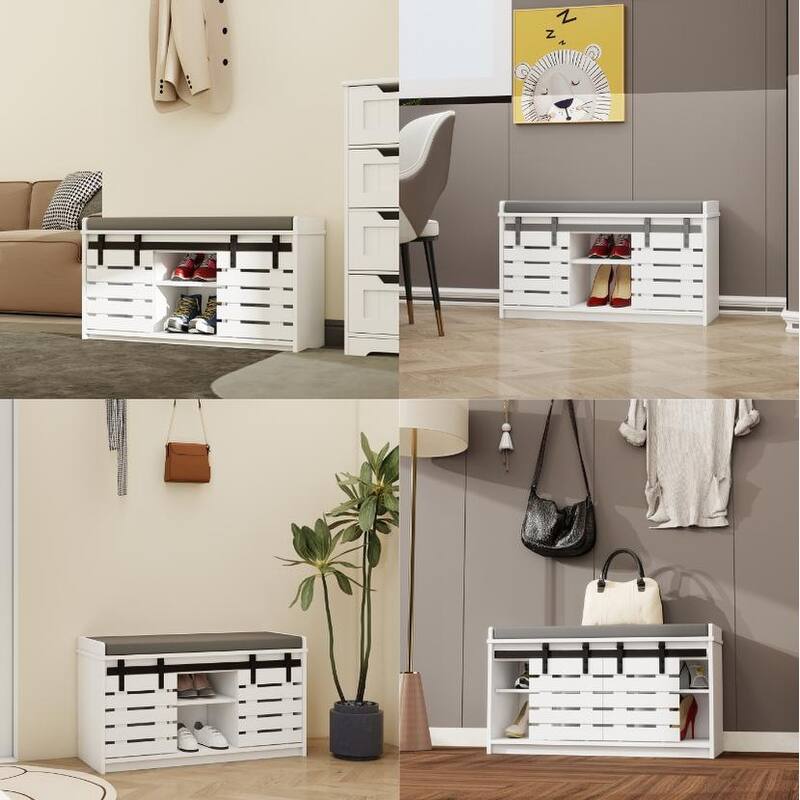 Modern Shoe Storage Bench, 2-Tier Entryway Bench with 2 Sliding Barn Doors