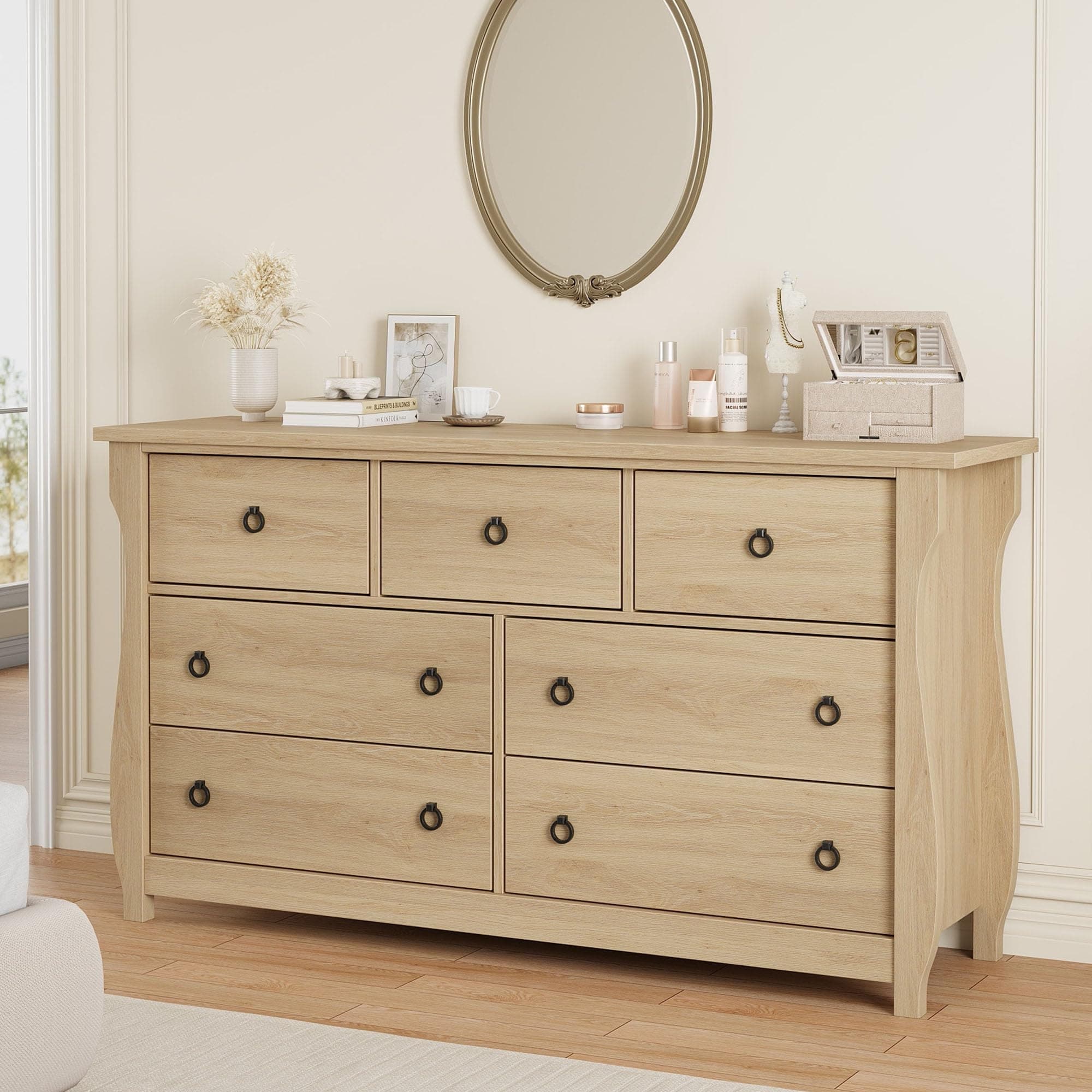 Boho Tall Drawer Dresser with Curved Legs & Rattan Accents, Freestanding Storage Chest for Living Room or Bedroom