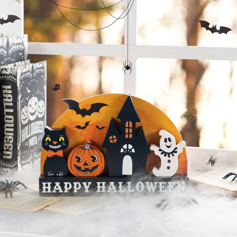 Glitzhome Set of 5 Wooden HAPPY HALLOWEEN Decorative Moon Table Signs with Black Cat, Jack O Lantern, Ghost and Haunted House