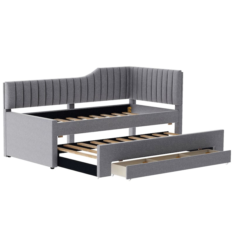 Twin Size Daybed Bed Frame with Linen Upholstered Backrest and Three Drawers, Pull-out Trundle Bed w/Slatted Support
