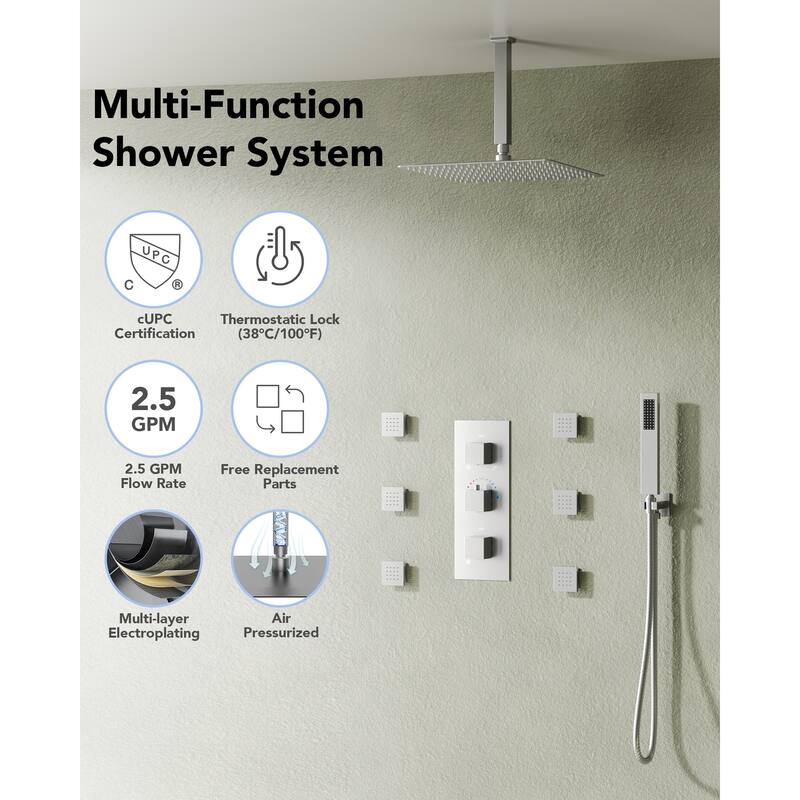 Thermostatic Shower System 12" Rain Shower Head with High Pressure Handheld Spray