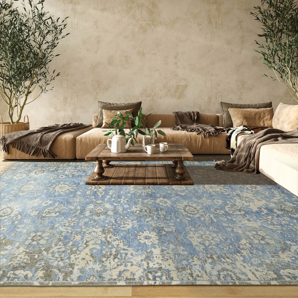 Hand Knotted LoomBloom Blue Turkish Oushak Wool Transitional Rug - 8' 2'' x 10'