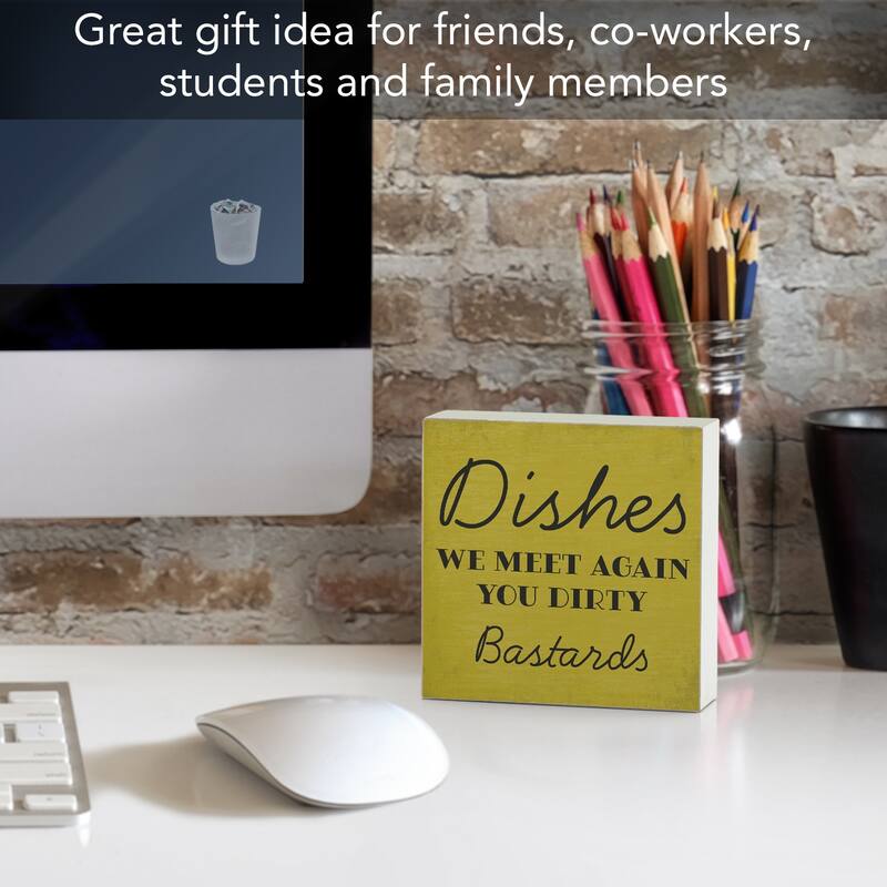 Dishes Artistic Freestanding Solid Wood Block Sign Made in the USA 3.75” Square Decorative Accent for Home or Office
