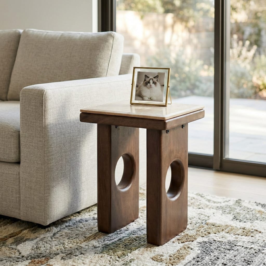Square Stone Top Accent Side Table with Wood Base - 21", Tan & Brown - 21.0"