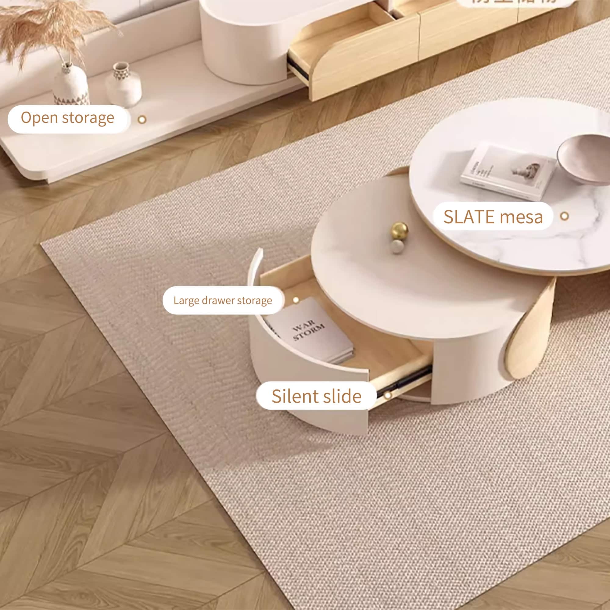 Modern Round Coffee table, Stone Table-top, Natural Wood - 50" x 31.5"