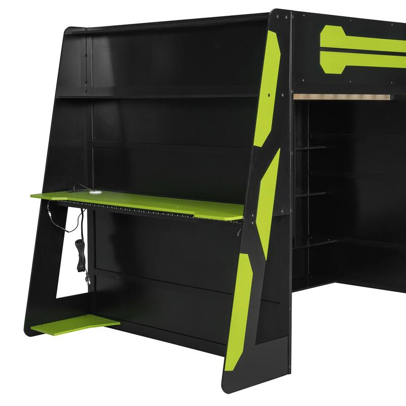 Full Size Esports Gaming Loft Bed Wood Frame Loft Bed with All-in-one Work Play Desk, Bookcase and RGB Ambient Light