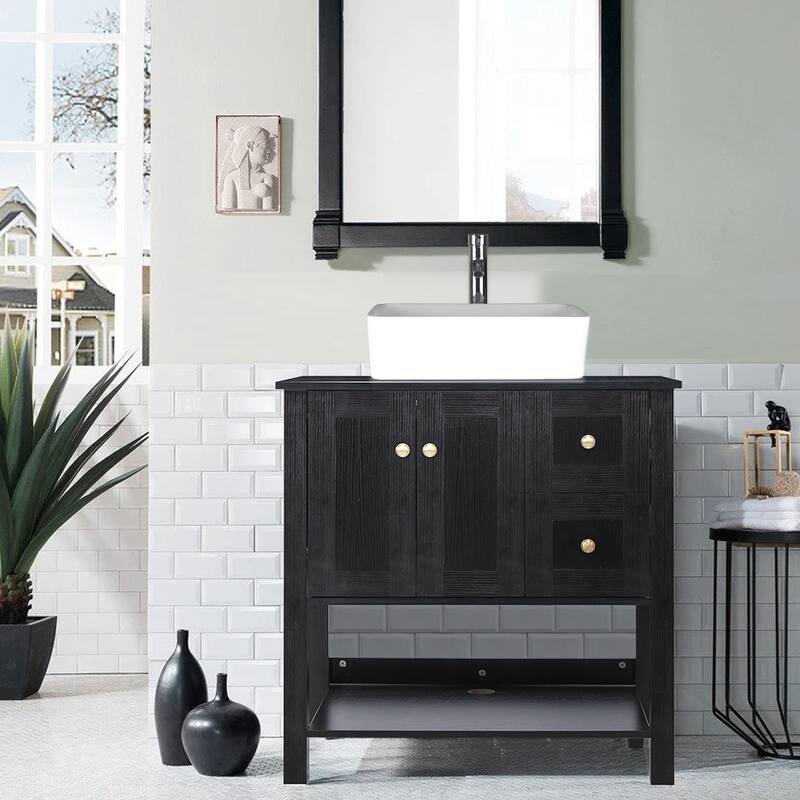31.5" Bathroom Vanity Cabinet Set Organizer Top Vessel Sink Faucet Drain Hose Combo Free-standing