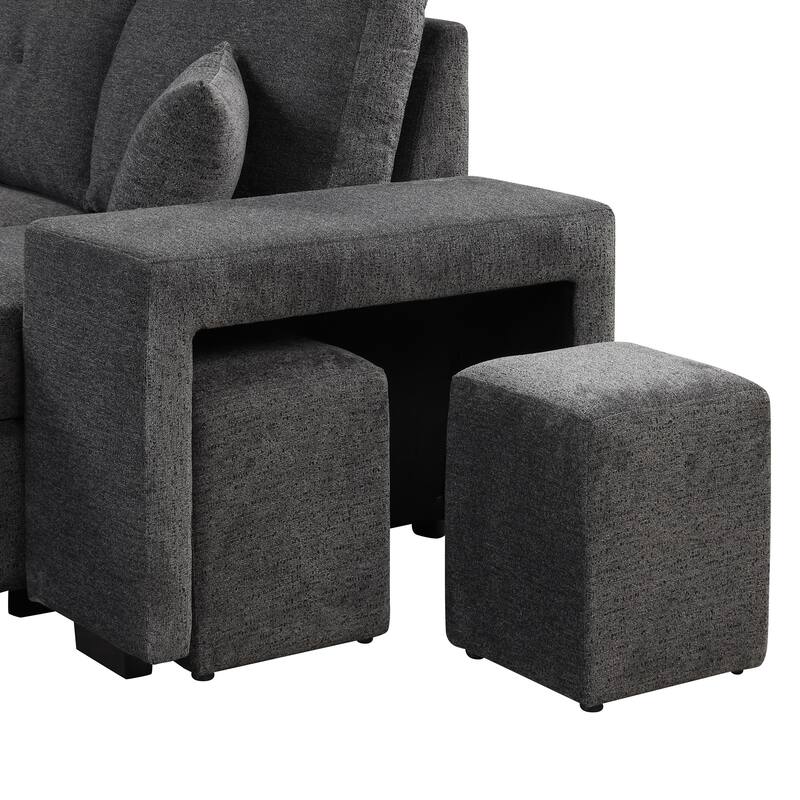 95" Pull-Out Sleeper Sofa w/ Side Shelf & 2 Stools, Storage Chaise