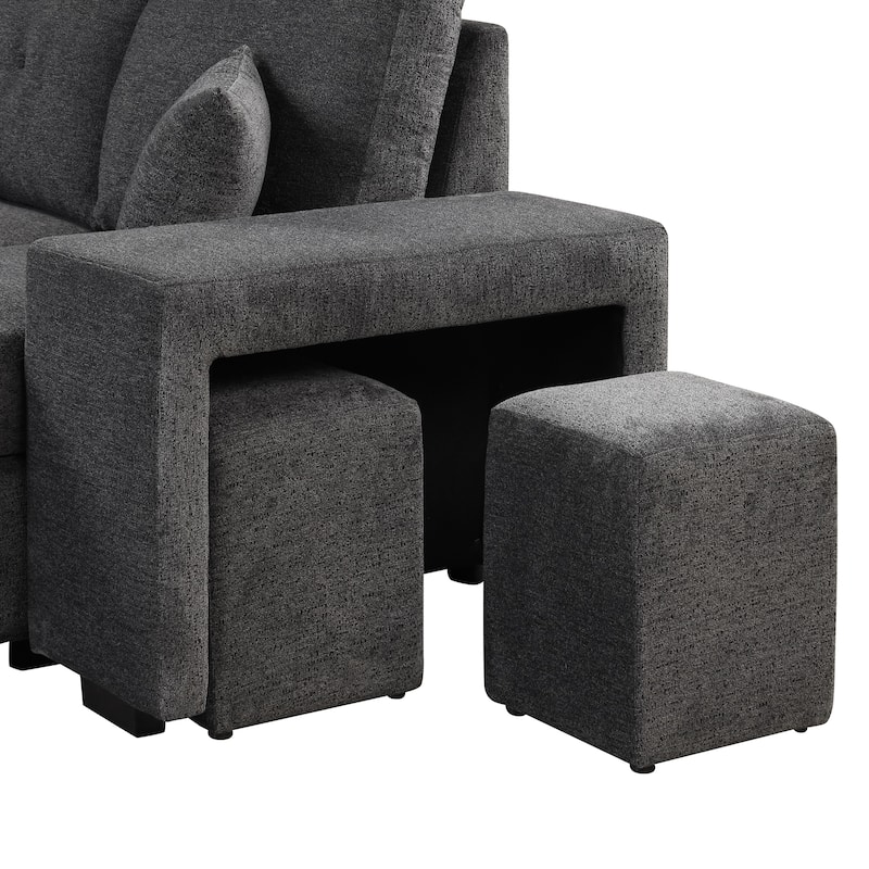 95" Velvet Sectional Sofa with Storage Chaise and 2 Stools and Reversible L-Shape Sofa Bed