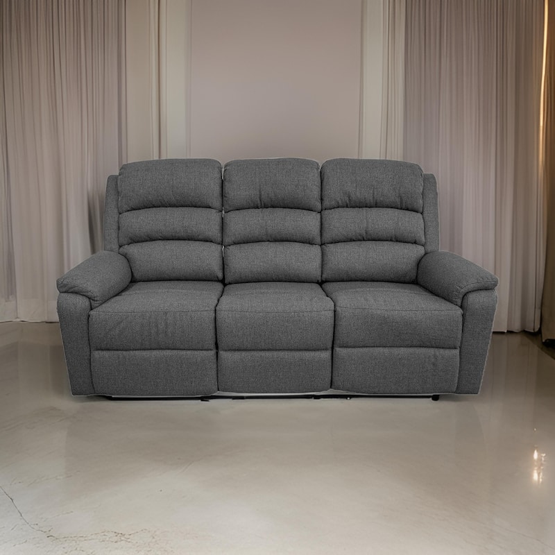 Fery 74 Inch Manual Recliner Sofa, 3 Seater, Gray Burlap Upholstery, Wood