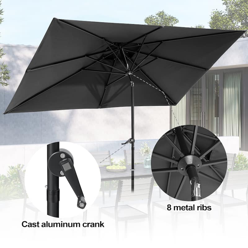 9PC Outdoor Patio Dining Set Aluminum Table with Stackable Chairs w/ Premium Market Umbrella Sets