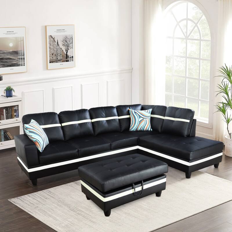 L-Shape Semi PU Leather Living Room Sofa Set with Ottoman,3-Piece - Black - Right Facing