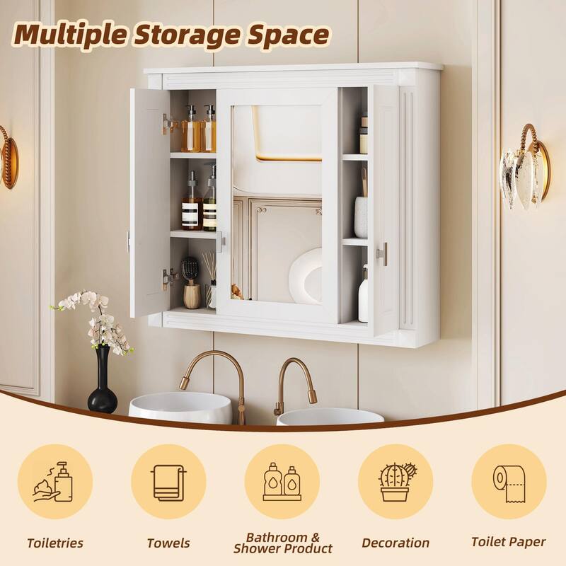Wall-Mounted Medicine Cabinet with 4 Shelves, Mirrored Door Over-Toilet Storage