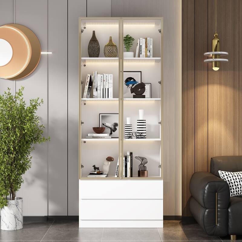 Tall Modular Display Storage Cabinet Bookcase w/Light Home Office - 31.5"w/Drawer-White