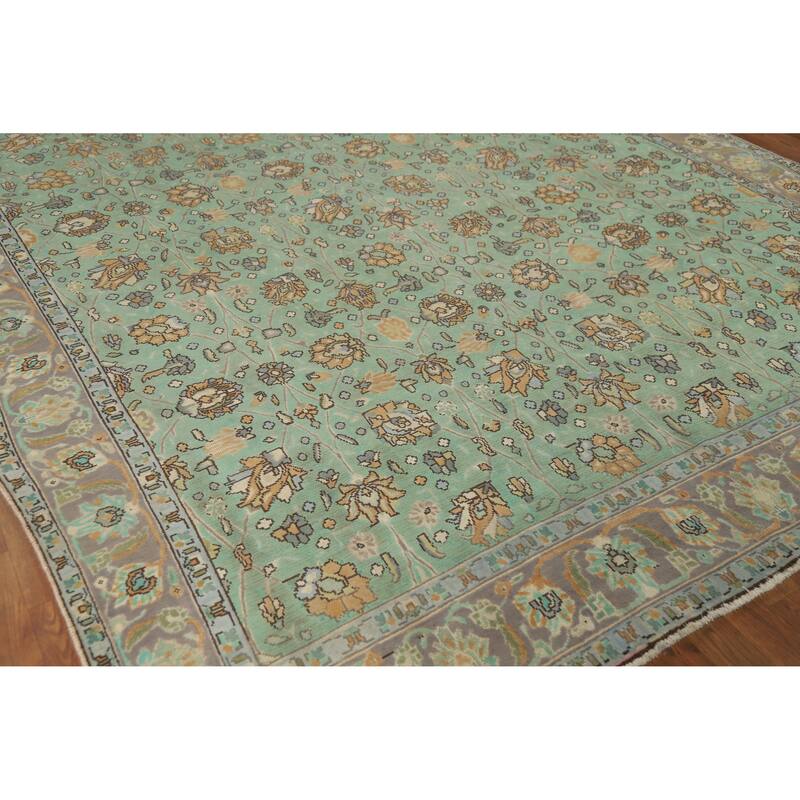 Hand Knotted Oriental 100% Wool Carpet Traditional All-Over Green Tabriz Area Rug - 10' 10'' X 8' 7''