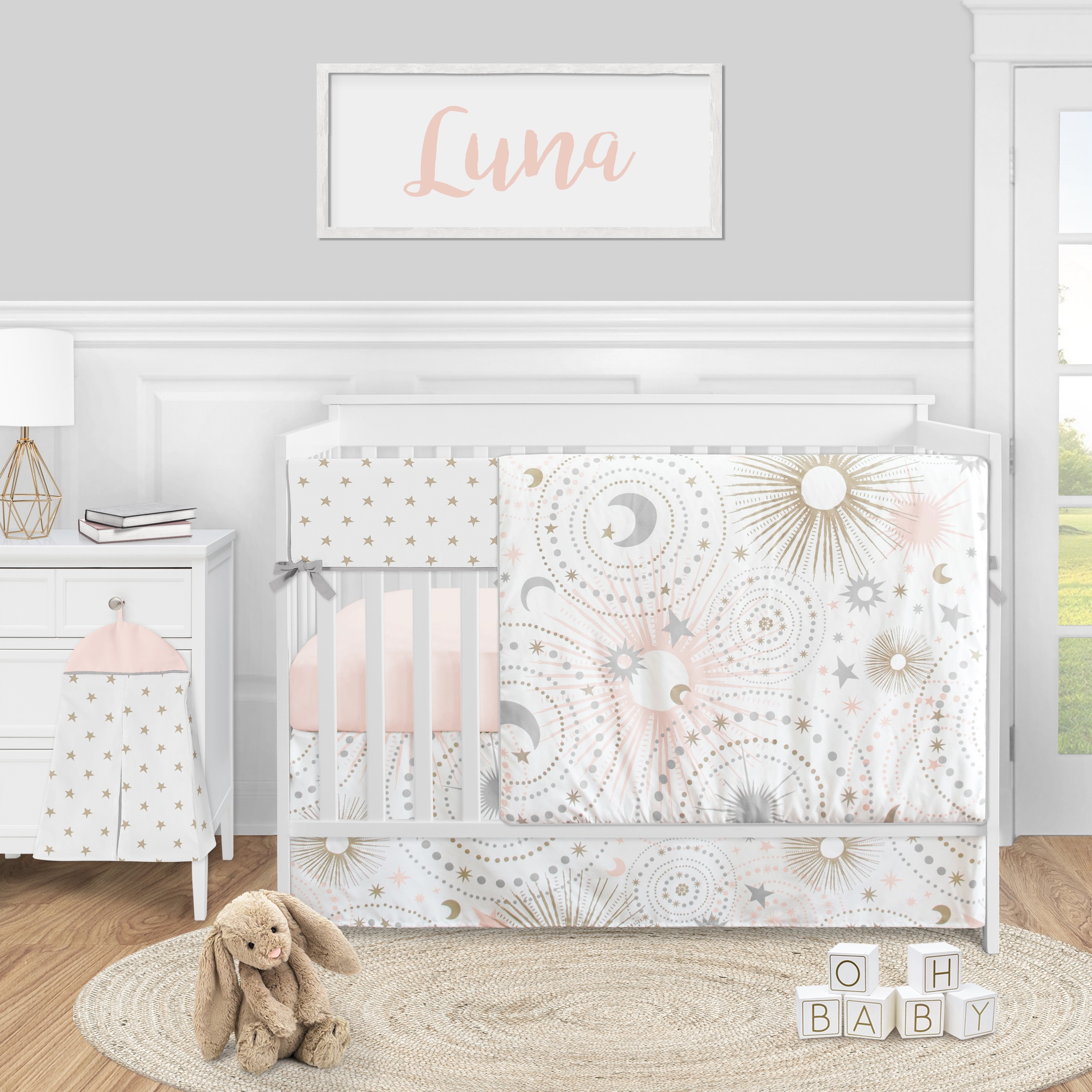 pink and gold baby bedding