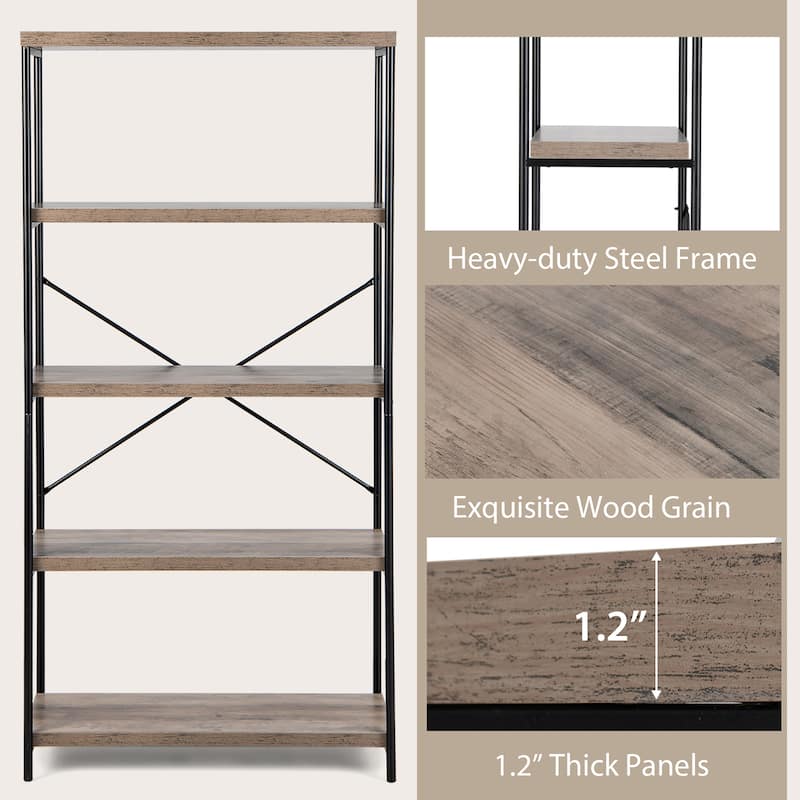 5 Tier Bookcase Industrial Wood Bookshelf Accent Display Rack