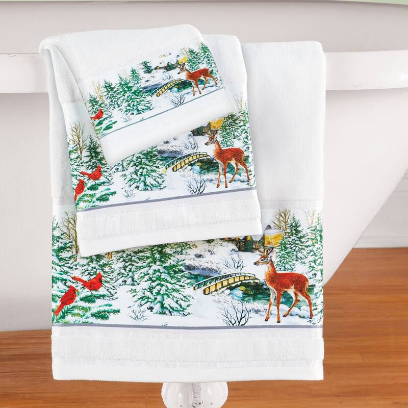 Frosted Cabin in the Woods Festive Scene 3-Piece Bath Towel Set - 9.000 x 6.000 x 2.880 - White - 9.000 x 6.000 x 2.880