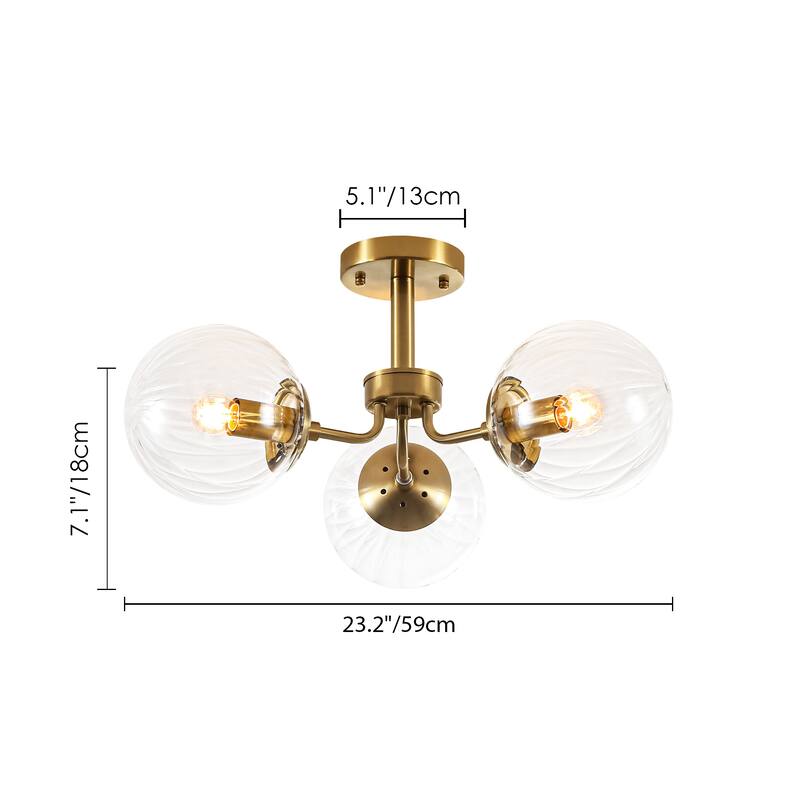3-Light Mid-Century Modern Gold Sputnik Semi-Flush Mount Light with Clear Ribbed Glass Globe for Living Room, Entryway