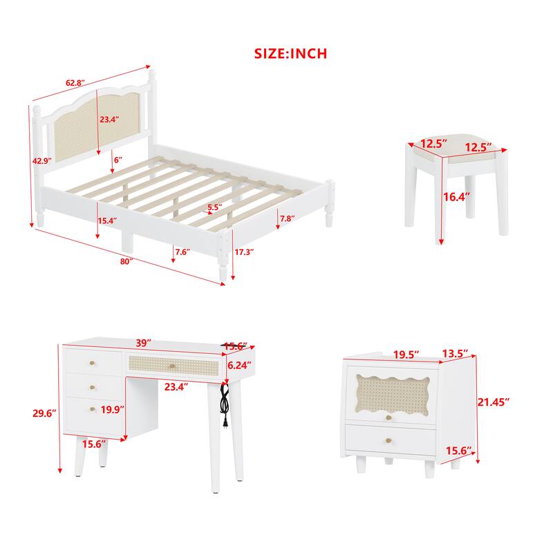 Wooden Platform Bed with Rattan Headboard Curved Wingback Bed Vintage Bed Frame Wood Slat Support Bed with Underbed Storage